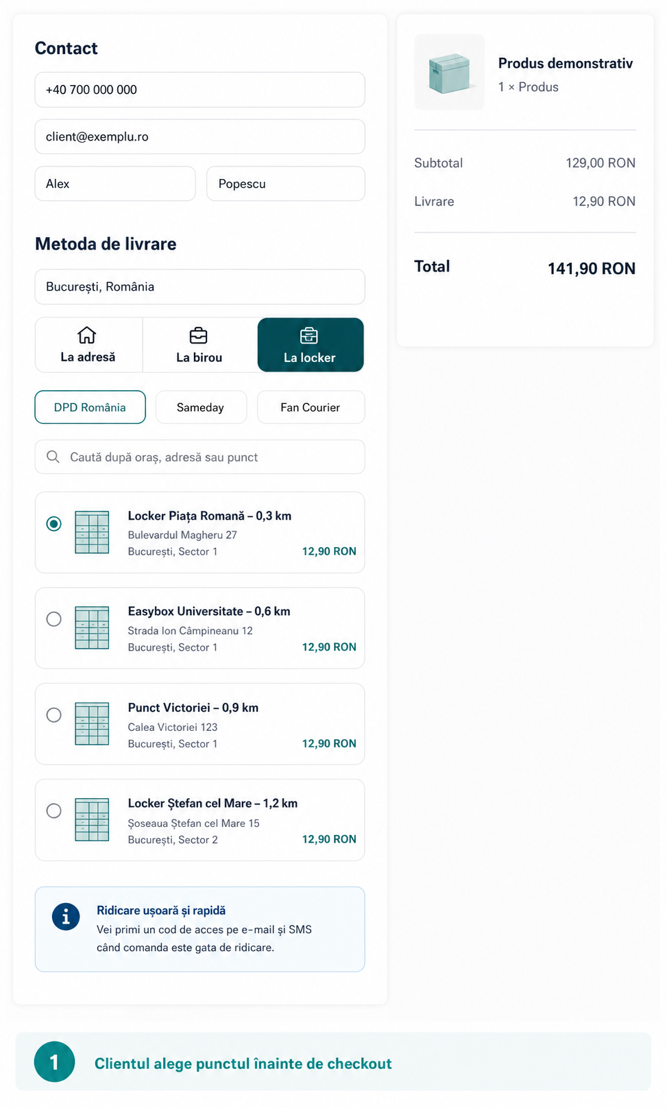 Selectarea livrării înainte de checkout în România