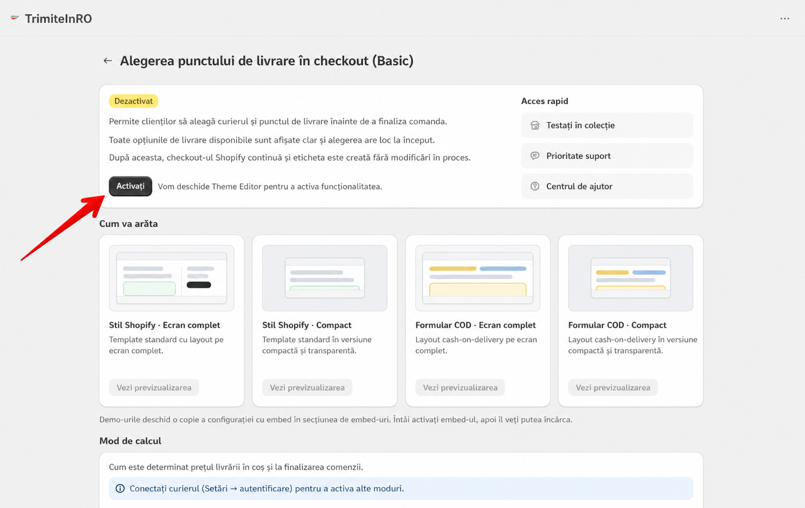 Configurarea alegerii punctului de livrare în checkout Basic