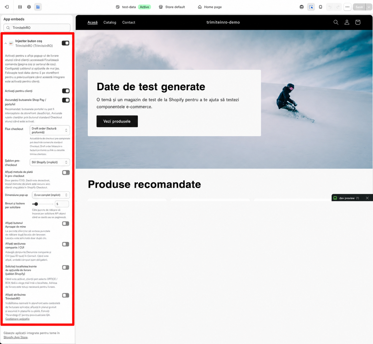 Activarea App Embed TrimiteInRO în editorul temei Shopify