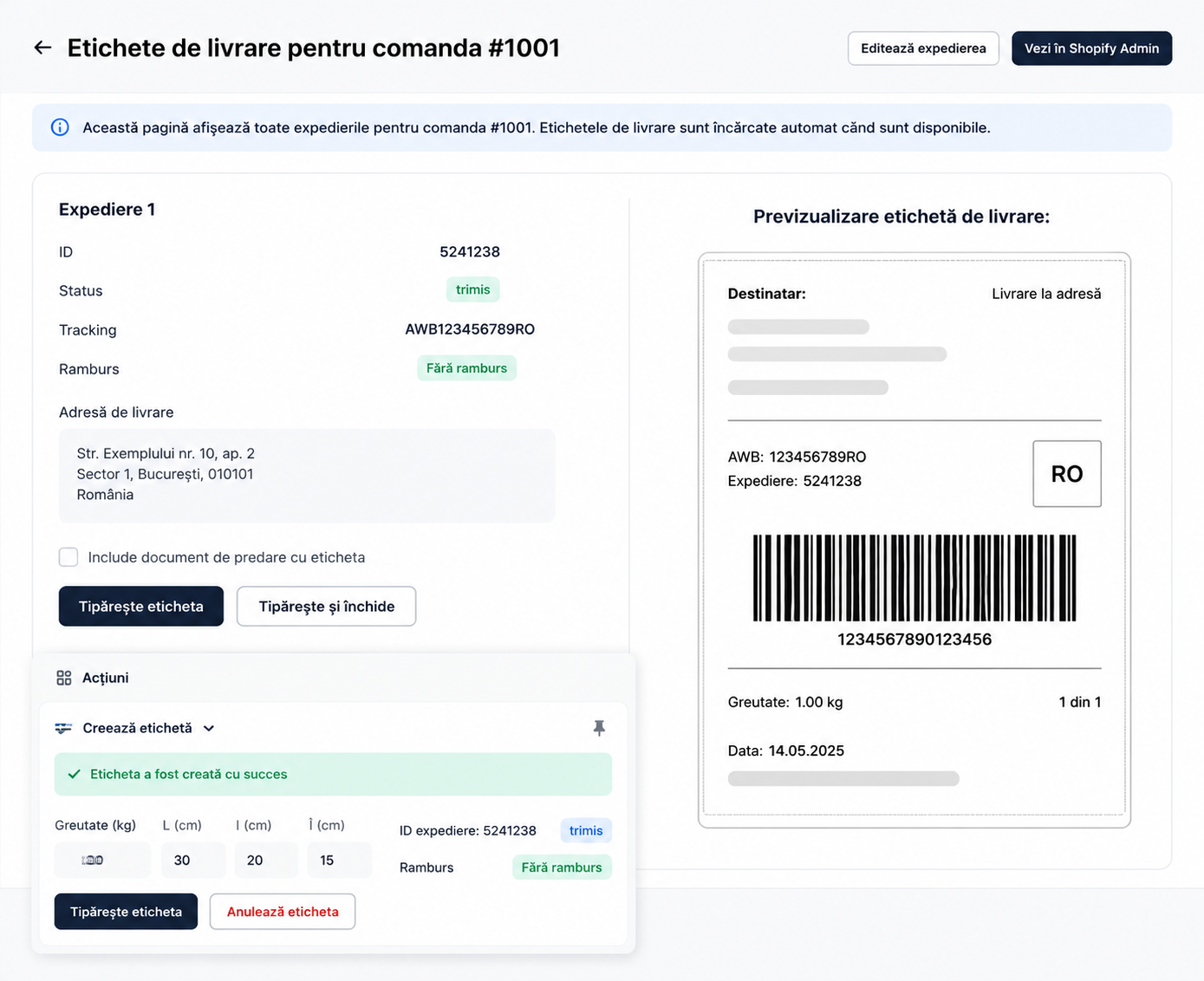 Shopify admin print AWB