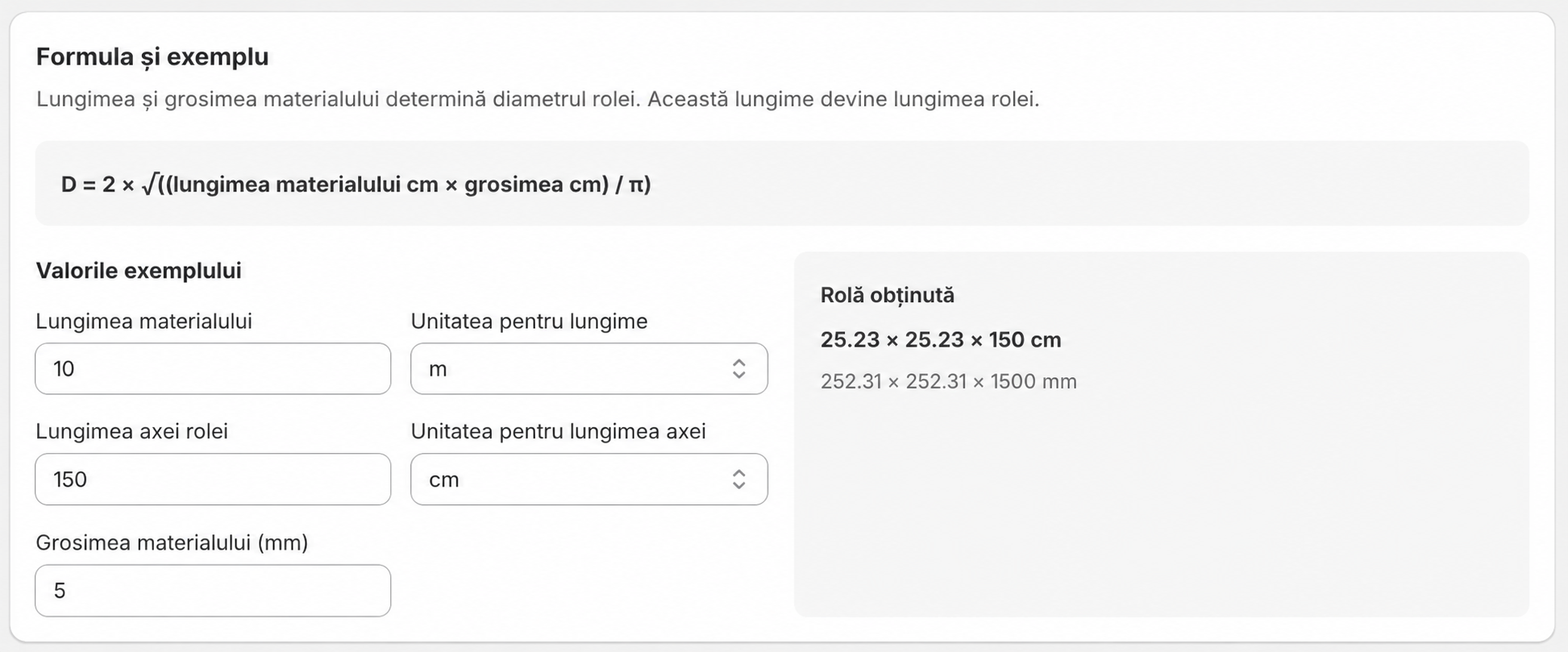 Exemplu de calcul pentru dimensiunile unui produs pe rolă