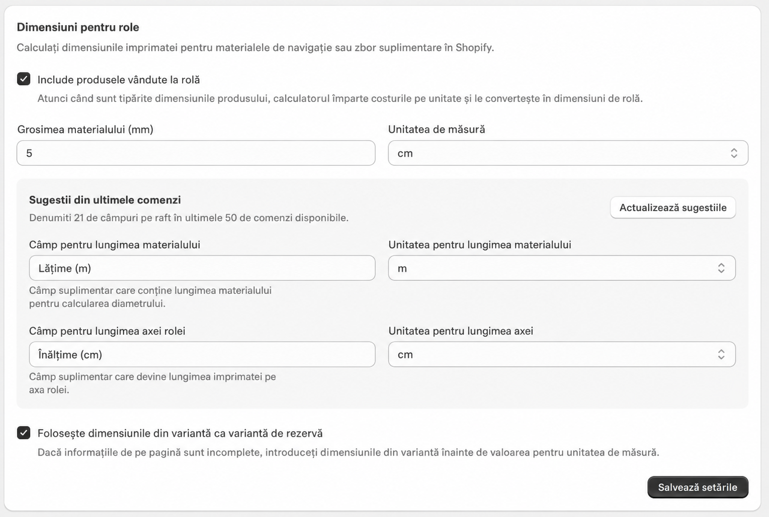 Configurarea dimensiunilor pentru produsele pe rolă