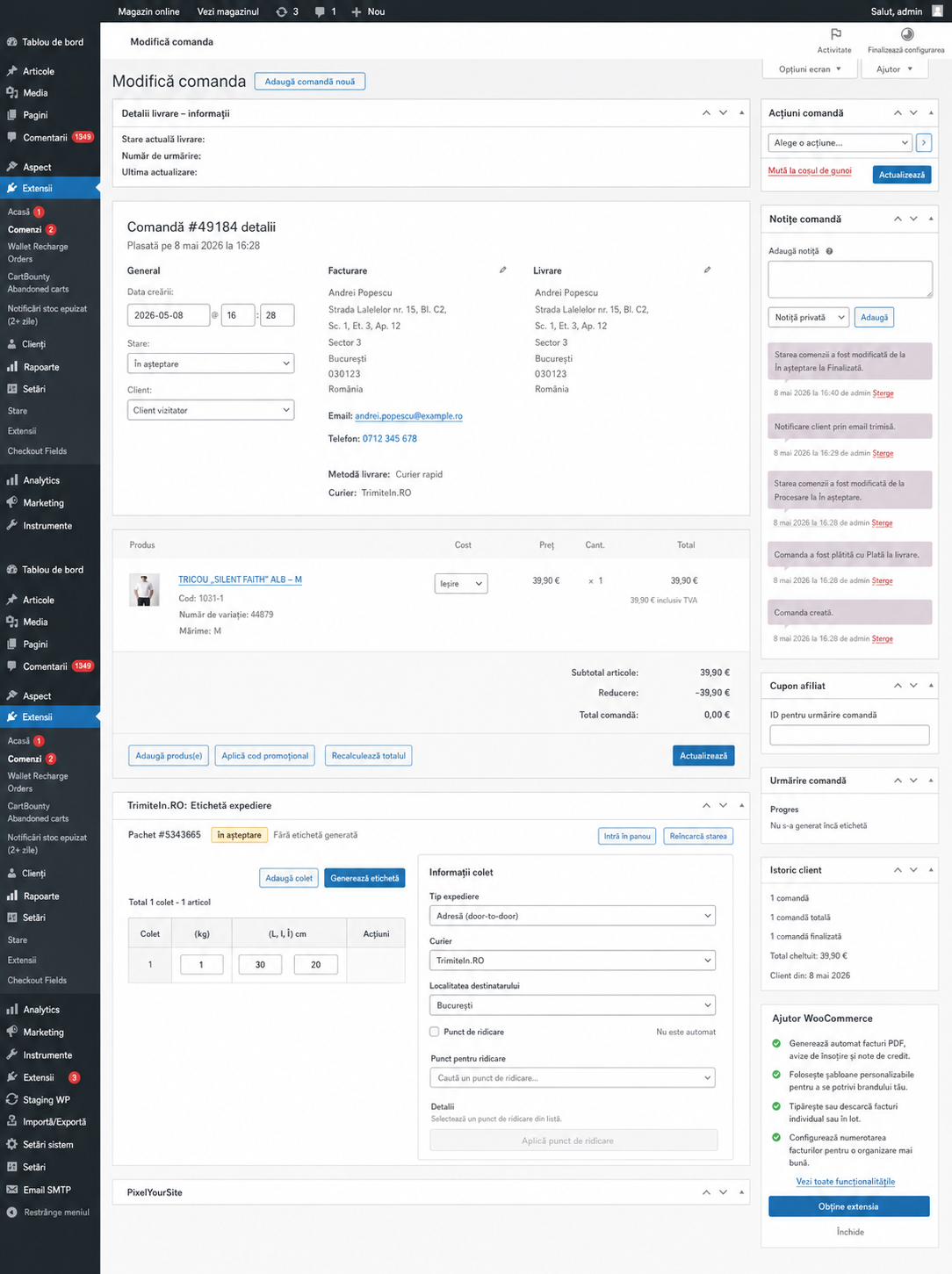 Comandă și etichetă de expediere în WooCommerce România