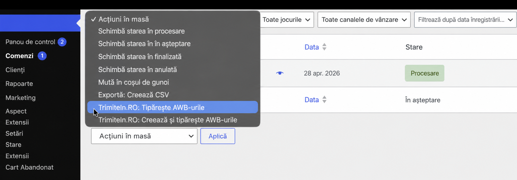 Acțiuni în masă TrimiteIn pentru AWB-uri în WooCommerce