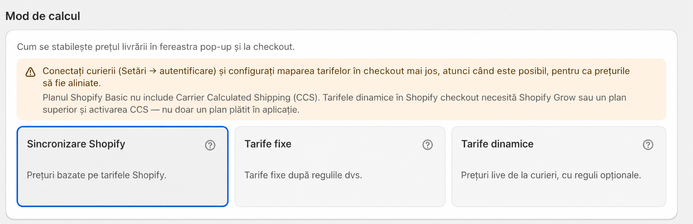 Moduri de calcul în TrimiteIn.ro: sincronizare Shopify, tarife fixe și tarife dinamice, fără logo-uri