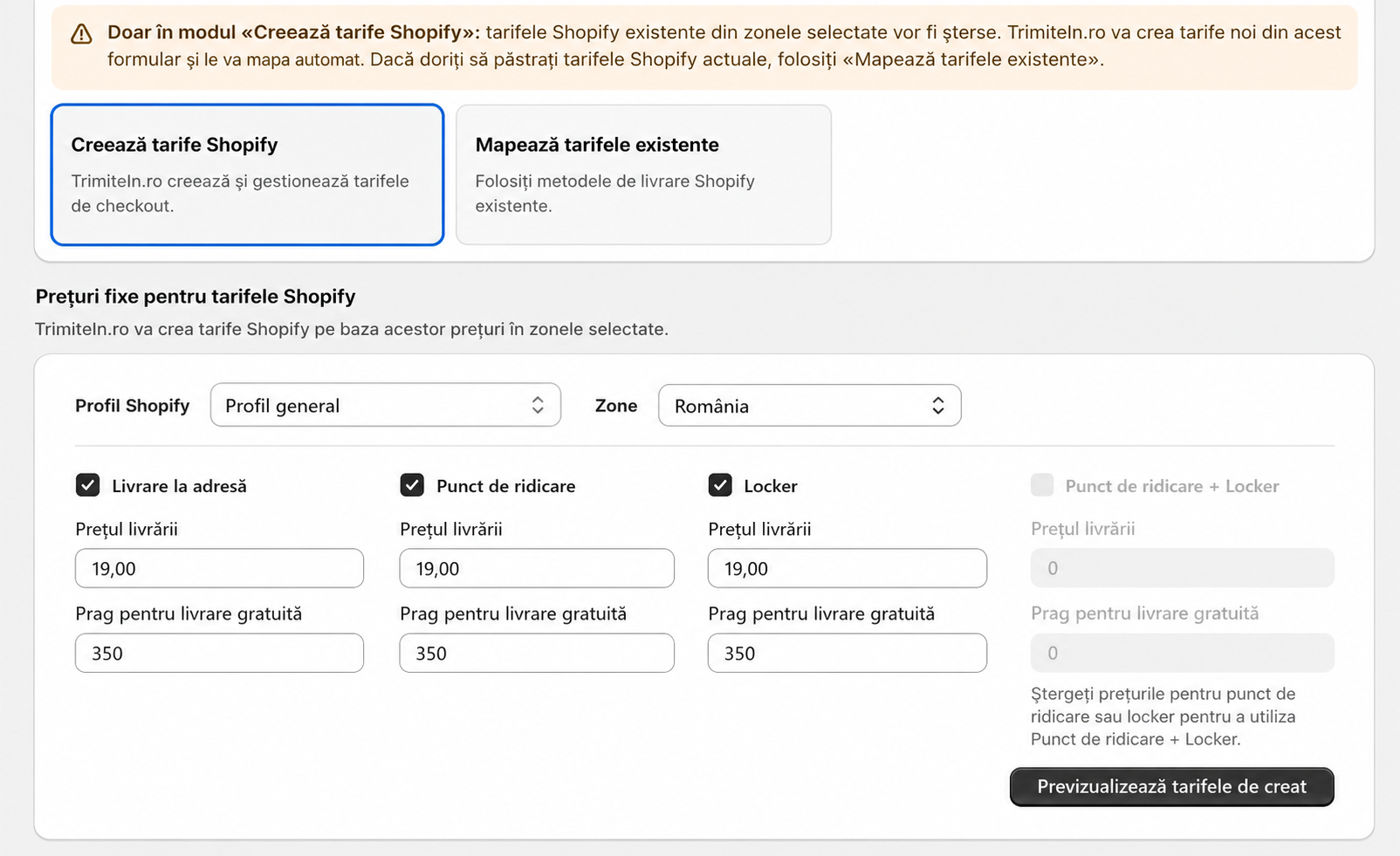 Crearea tarifelor Shopify pentru România din TrimiteIn.ro, fără logo-uri