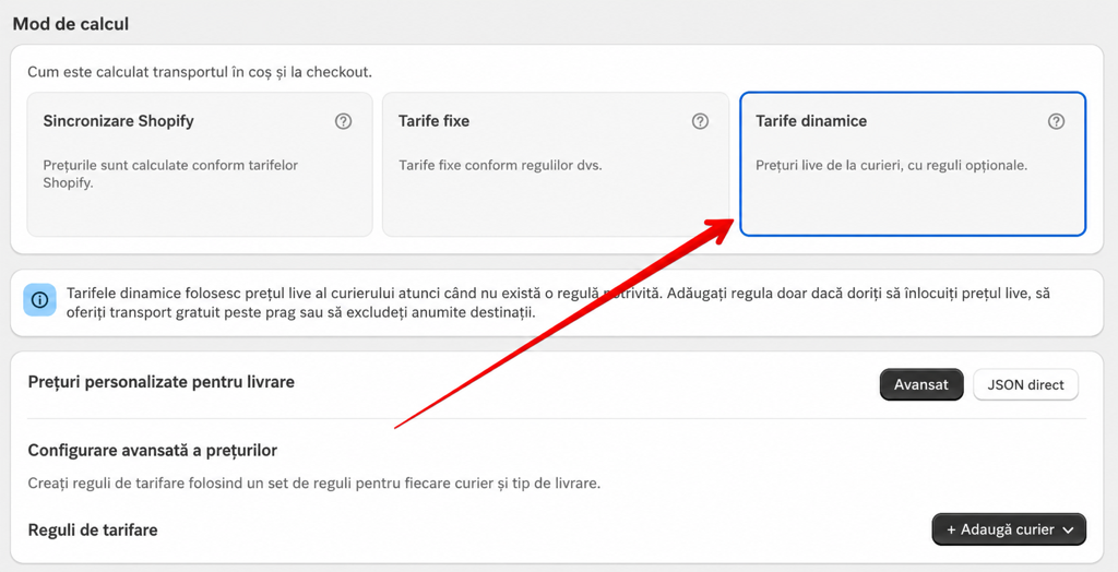 Selectarea modului de tarife dinamice